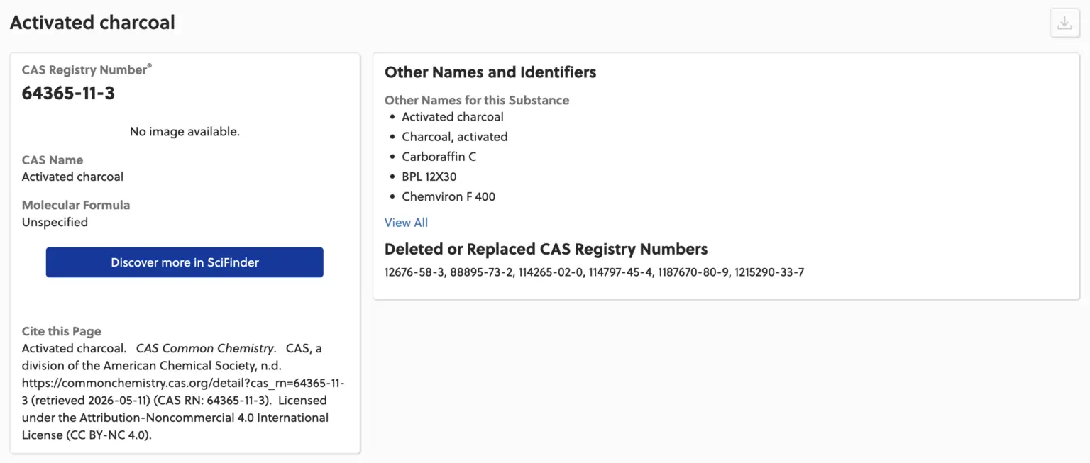 Chemical information sheet for activated charcoal showing CAS registry number 64365-11-3 and alternative names.