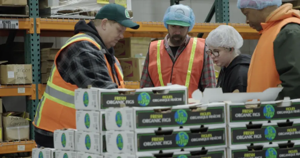 Three warehouse workers in safety vests discussing organic egg carton inventory.