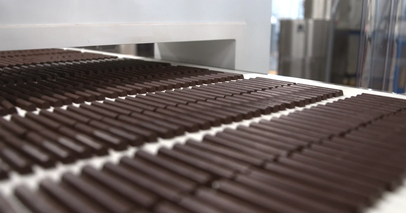 Rows of chocolate batons moving along a conveyor in a food processing facility.