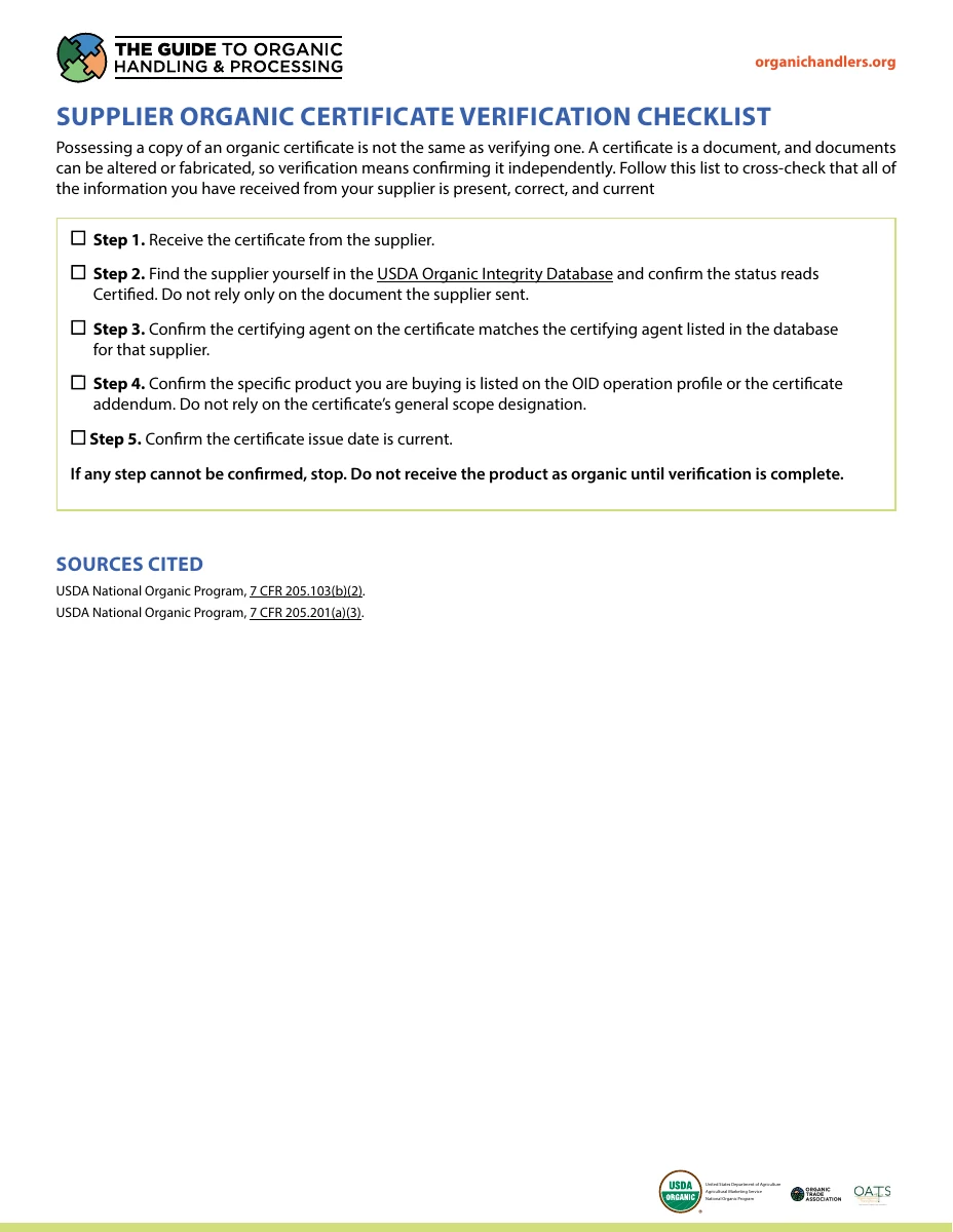 Supplier Organic Certificate Verification Checklist