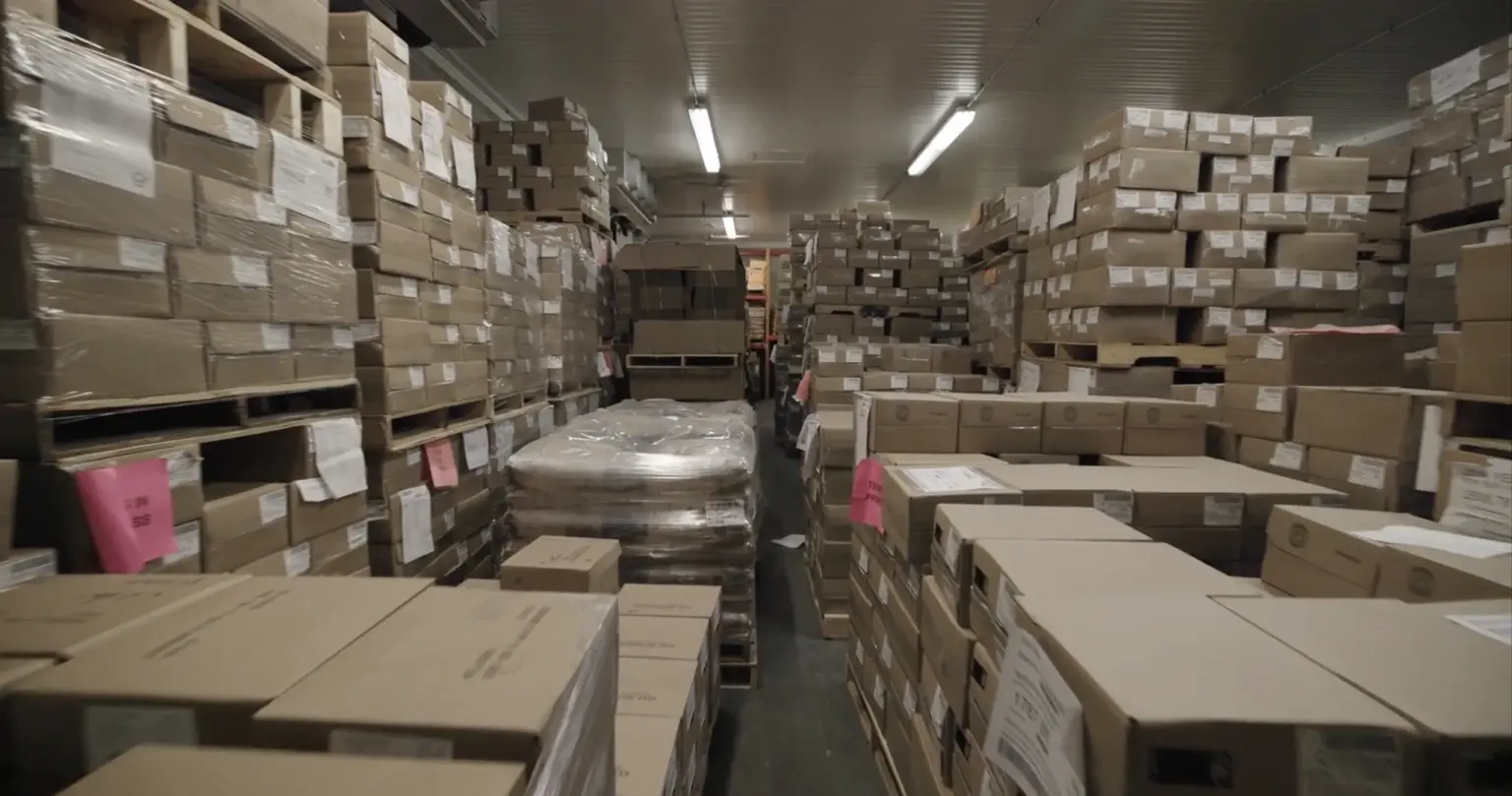 Cases of packaged organic cheese stacked in cold storage.